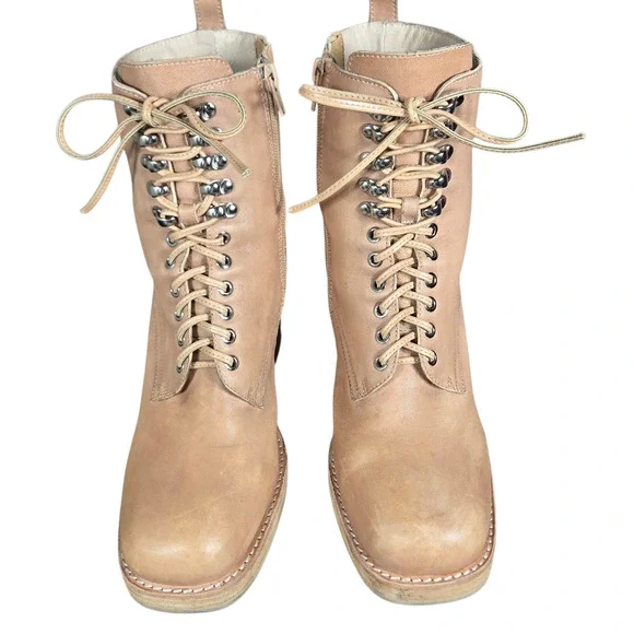 Jeffrey Campbell Dotti Boots Women 10 Beige Heeled Leather Lace Up Combat Anthro - Picture 5 of 11